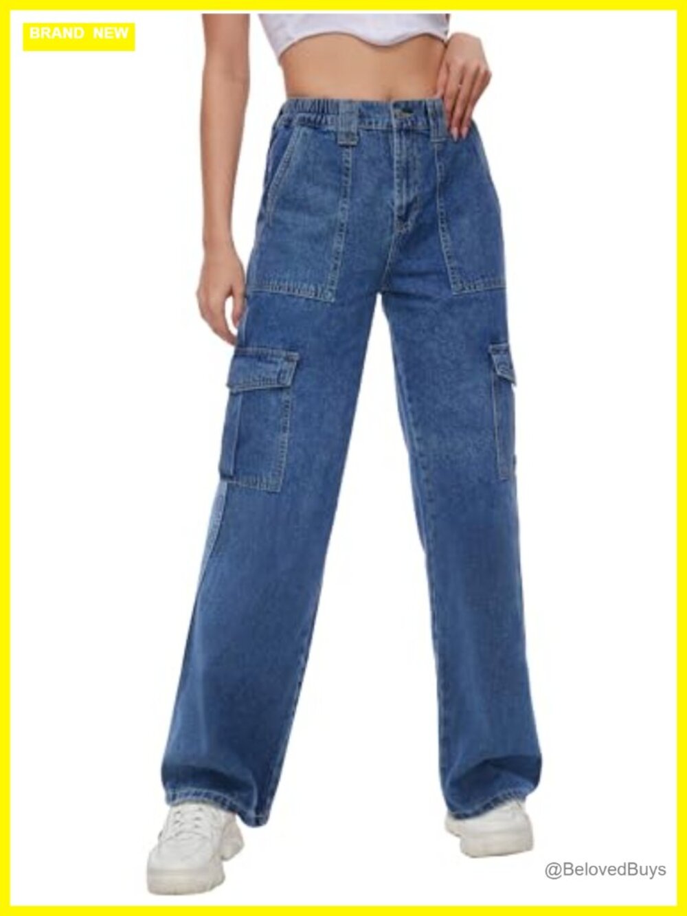 Cargo Jeans Straight Leg Relaxed Fit Cotton Blend Mid Rise Denim Pants